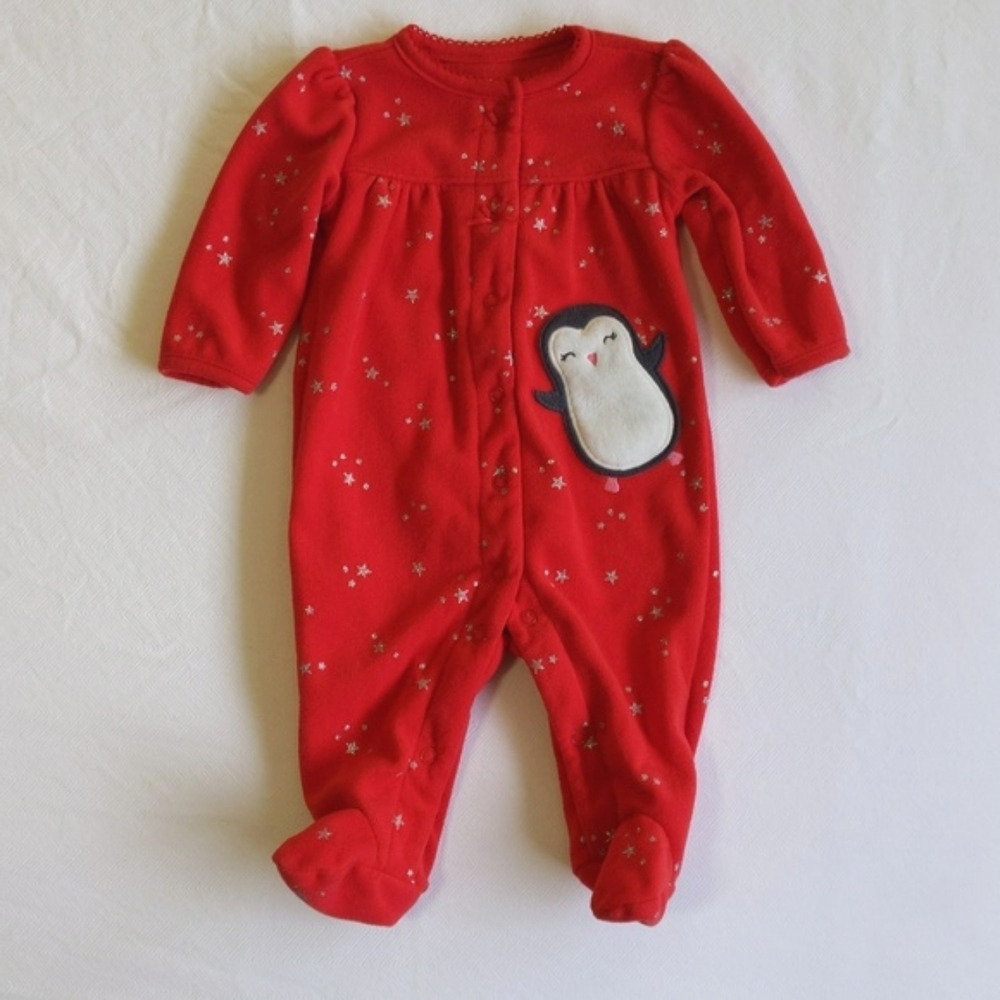 child of mine by carter's red fleece penguin snap footie sleeper pajamas 3 month